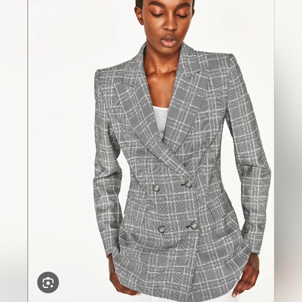 ZARA Womens Prince of Wales Check Blazer Double Breasted Jacket XS Plaid Gray